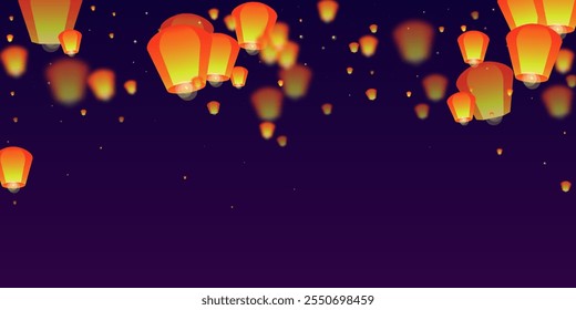 Sky lanterns floating in the night sky. Thailand holiday with paper lantern lights flying in the night sky. Sky lantern festival celebration. Vector illustration on purple gradient background.