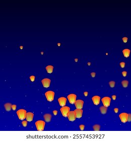 Sky lanterns floating in the night sky. Thailand holiday with paper lantern lights flying in the night sky. Sky lantern festival celebration. Vector illustration on dark blue background.