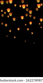 Sky lanterns floating in the night sky. Thailand holiday with paper lantern lights flying in the night sky. Sky lantern festival celebration. Vector illustration on black background.