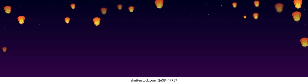 Sky lanterns floating in the night sky. Thailand holiday with paper lantern lights flying in the night sky. Sky lantern festival celebration. Vector illustration on purple gradient background.