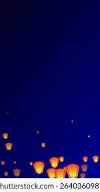 Sky lanterns floating in the night sky. Thailand holiday with paper lantern lights flying in the night sky. Sky lantern festival celebration. Vector illustration on dark blue background.