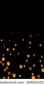 Sky lanterns floating in the night sky. Thailand holiday with paper lantern lights flying in the night sky. Sky lantern festival celebration. Vector illustration on black background.