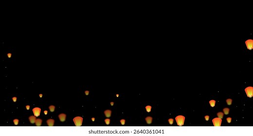 Sky lanterns floating in the night sky. Thailand holiday with paper lantern lights flying in the night sky. Sky lantern festival celebration. Vector illustration on black background.