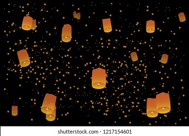 Sky lanterns, flying lanterns, floating lanterns, hot-air balloons Loy Krathong Festival in Chiang Mai Thailand