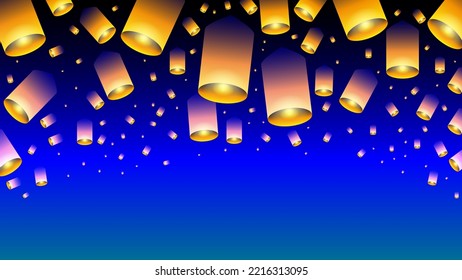 Sky lanterns, flying lanterns, hot-air balloons in Loy Krathong Festival in Chiang Mai Thailand.
Lights traditional celebration midnight blue sky on night background vector illustration.