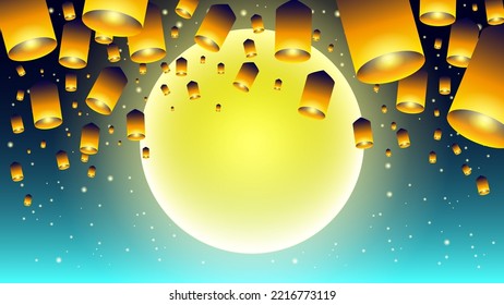 Sky lanterns, flying lanterns, hot-air balloons in Loy Krathong Festival in Chiang Mai Thailand.
Lights traditional celebration full moon midnight blue sky on night background vector illustration.