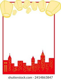 Sky lanterns flying over the city symbolize blessing border