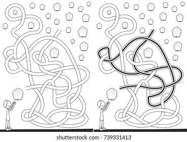 Sky lanterns maze for kids with a solution in black and white