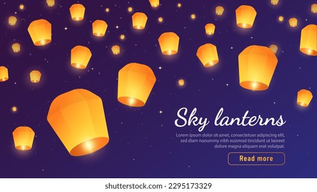 Sky lanterns at night. Traditional Asian holiday and festival. Chinese New Year or Mid Autumn Festival. Landing page design. Night and starry sky. Cartoon flat vector illustration