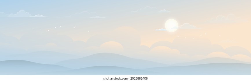 Sky with layers clouds and Sun,Skyscape with sunrise pastel tone in blue and yellow colour,Fantasy magical Sunset on spring or summer, Vector illustration sweet background for four season banner