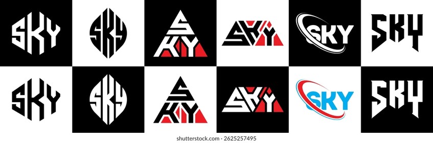 SKY letter logo design in six style. SKY polygon, circle, triangle, hexagon, flat and simple style with black and white color variation letter logo set in one artboard. SKY minimalist and classic logo