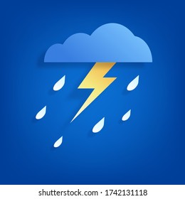 Sky and lightning in the rainy season. Paper art cloud and rain on blue background. 