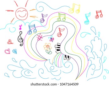 Sky line singing, music notes, music, sea and waterfall vector illustration background 