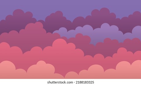 Sky and lush purple red Clouds, Beautiful Background. Stylish design with a flat, cartoon poster, flyers, postcards, web banners. Holiday mood, airy atmosphere. Isolated Object. Vector illustration.