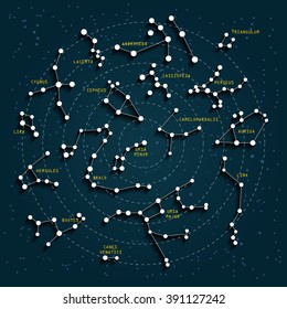 Sky map with 3D effect. Constellations. Stars.