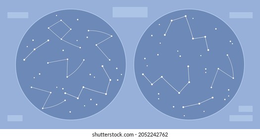 Mapa del cielo de ambos hemisferios con estrellas y constelaciones, ilustración vectorial de dibujos animados planos. Esquema de cielo astronómico de objetos espaciales y galaxias del universo.