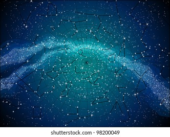 Sky Map with Constellasions. Astronomical Chart of Northern Hemisphere. vector.