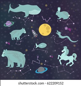 Sky map with constellation. Stars, planet and space. Vector illustration