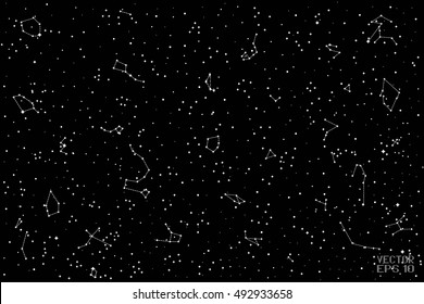 Sky Map of Hemisphere. Constellations on Night Black and White Background. Vector Illustration