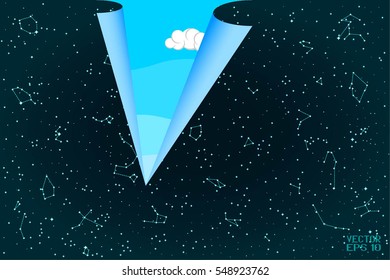 Sky Map of Hemisphere. Constellations on Night Dark Background with Incision. Vector. 3D Illustration