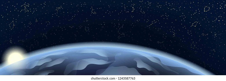 Sky Map of Hemisphere with Earth and Sunrise. Constellations on Night Dark Background. Vector. 3D Illustration
