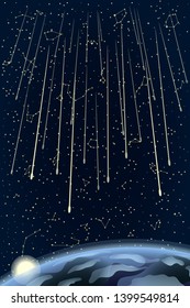Sky Map of Hemisphere with Sunrise over Earth. Meteor Stream or Fireworks. Constellations on Night Dark Background. Vector. 3D Illustration