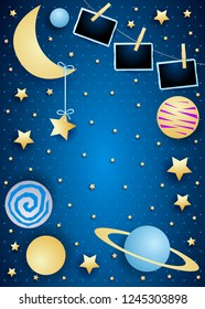Sky with moon, planets and photo frames. Vector illustration eps10