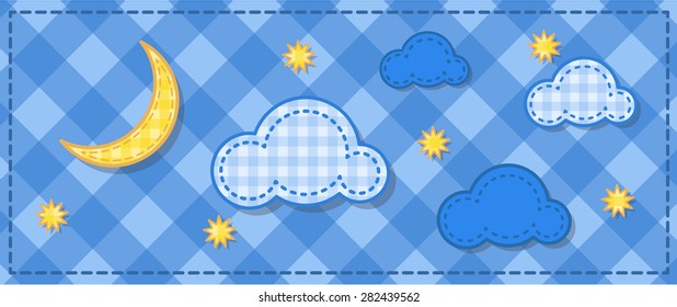 Sky with moon, stars and clouds. ?heckered pattern.