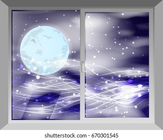 The sky and the moon. View through the window. Concept of a magic night. Illustration for your design.