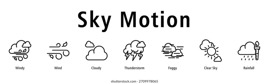 Ilustração do vetor do ícone do banner da web Sky Motion com ícones de Windy, Wind, Cloudy, Thunderstorm, Foggy, Clear Sky e Rainfall.