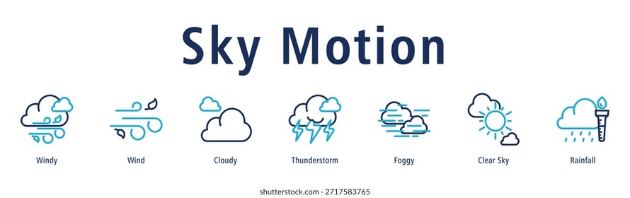 Ilustración vectorial de íconos de Anuncio de Web de Sky Motion con íconos de viento, viento, nublado, tormenta eléctrica, niebla, cielo despejado y lluvia.