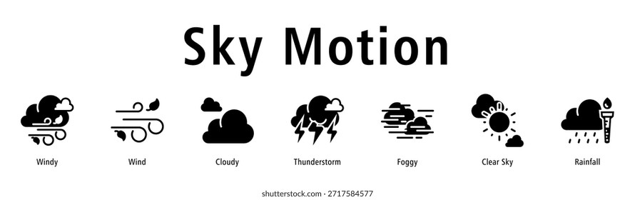 Ilustración vectorial de íconos de Anuncio de Web de Sky Motion con íconos de viento, viento, nublado, tormenta eléctrica, niebla, cielo despejado y lluvia.