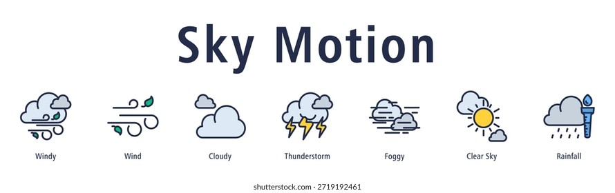 Ilustración vectorial de íconos de Anuncio de Web de Sky Motion con íconos de viento, viento, nublado, tormenta eléctrica, niebla, cielo despejado y lluvia.
