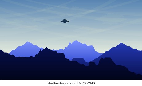 Sky Mountain Background Vector Silhouette With Ufo Landscape