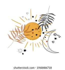 Sky. Mystical print. Moon, sun, stars