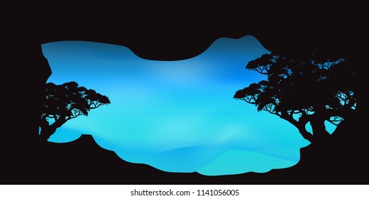 Sky Nature Landscape Background, vector of realistic landscape, paper art style for web. Black silhouette of trees and natural rocks on a colorful background. Illustration.