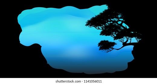 Sky Nature Landscape Background, vector of realistic landscape, paper art style for web. Black silhouette of trees and natural rocks on a colorful background. Illustration.