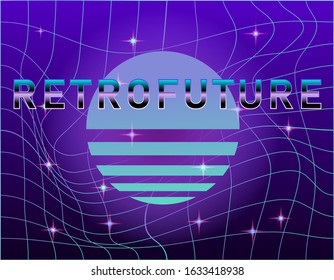 Sky with neon sun and stars. Synthwave and vaporwave style vector illustration.