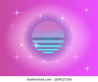 Sky with neon sun and stars. Synthwave and vaporwave style vector illustration.