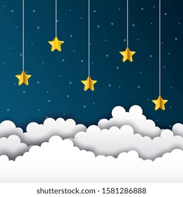 sky in the night with clouds and yellow stars hanging. vector illustration
