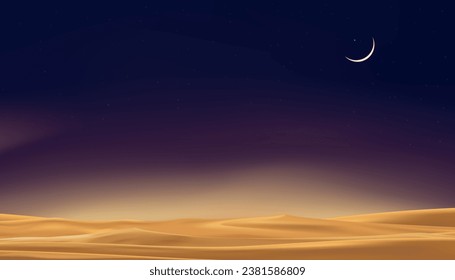 Sky Night with Desert sand with Crescent moon,Strarry with twilight dusk Sk,Ramadan Background,Vector Sunset landscape with mountain, Banner for Eid Mubarak,Eid al adha,Eid al fitr,Islamic Muharram