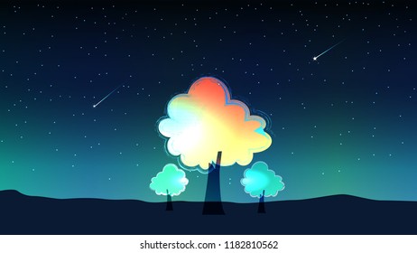 sky at night and meteor with trees. Background vector.