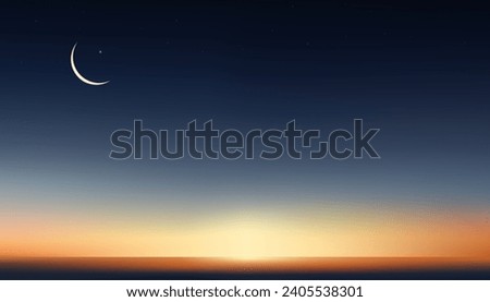 Sky night and moon in evening,Ramadan crescent moon, star on sunset sky for Eid background,Landscape sky twilight of dramatic sky,Vector card for islamic celebration Eid Mubarak holiday,Ramadan Kareem