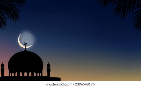 Sky Night and Mosque Dome,Palm leaves silhouette,Isalmic Background with Crescent moon,StarVector festive Islamic religion Ramadan Kareem,Eid al-Adha,Eid al-fitr,Mubarak,Islamic new year Muharram