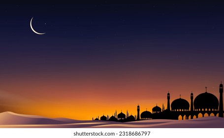 Sky Night Ramadan Sunset With Moon Background Illustration, Dusk Islamic Landscape In Moonlight, Mubarak Greeting With Lantern, Ramadhan Celebration And Mawlid Festival Design With Crescent And Stars