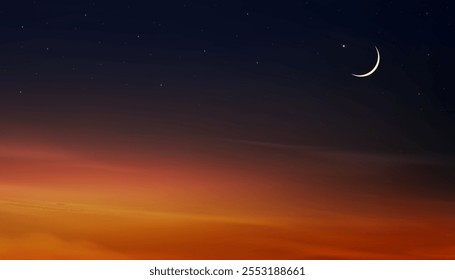 Sky Night,Ramadan Crescent moon and Star for festive background,Sunset sky with twilight in evening,Banner for Muslim celebration on Eid Mubarak,Eid al adha,Eid al fitr,Islamic new year,Muharram