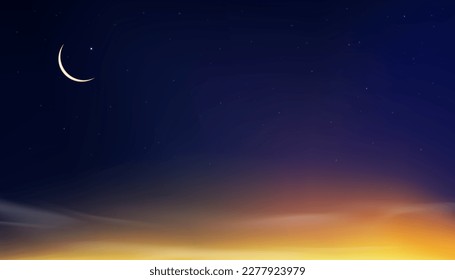 Tarjeta islámica, Ramadan Kareem Nueva Luna, Star on Sunset Sky, Banner de horizonte vectorial para religiones simbólico de la cultura musulmana para el generoso Ramadán, Nueva Luna, Oración. Eid Mubarak, Eid al Adha, Eid al Fitr 