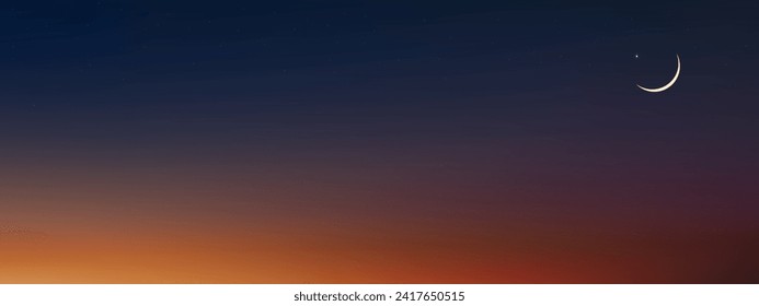 Sky Night,Ramadan Kareem Background with Crescent moon,Star with twilight sunset Sk,Vector Greeting festive for symbolic of Muslim culture,Eid Mubarak,Eid al adha,Eid al fitr,Islamic new year,Muharram