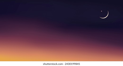 Sky Night,Ramadan Kareem Background, Crescent moon,Star with twilight sunset Sk,Vector Greeting festive for symbolic of Muslim culture,Eid Mubarak,Eid al adha,Eid al fitr,Islamic new year,Muharram	
