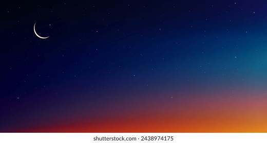 Sky Night,Ramadan Kareem Background with Crescent moon,Star with twilight dusk Sky,Vector Greeting festive for symbolic of Muslim culture ,Eid Mubarak,Eid al adha,Eid al fitr,Islamic new year,Muharram